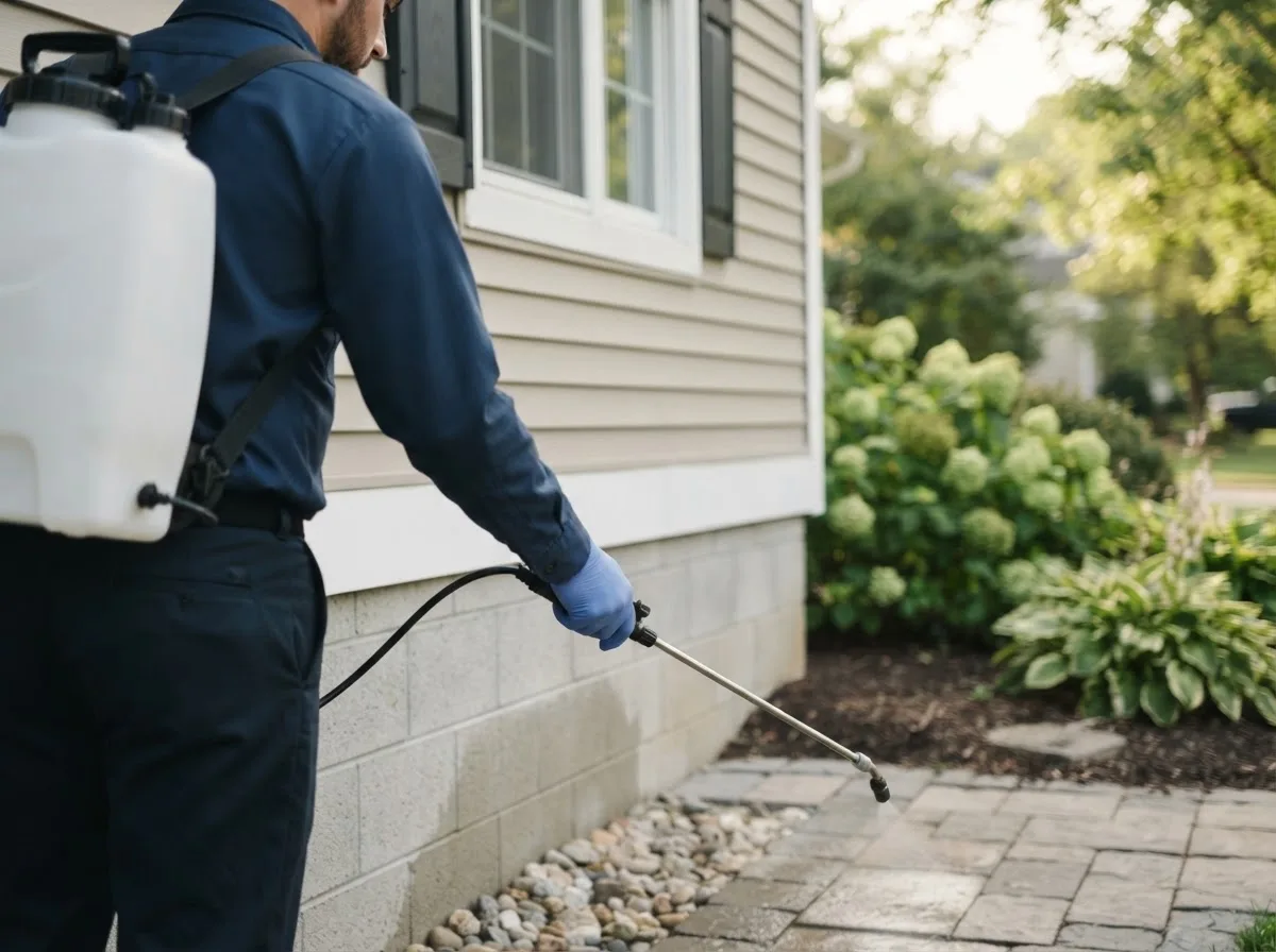 Pest control technician inspecting a home in Ashmore, IL